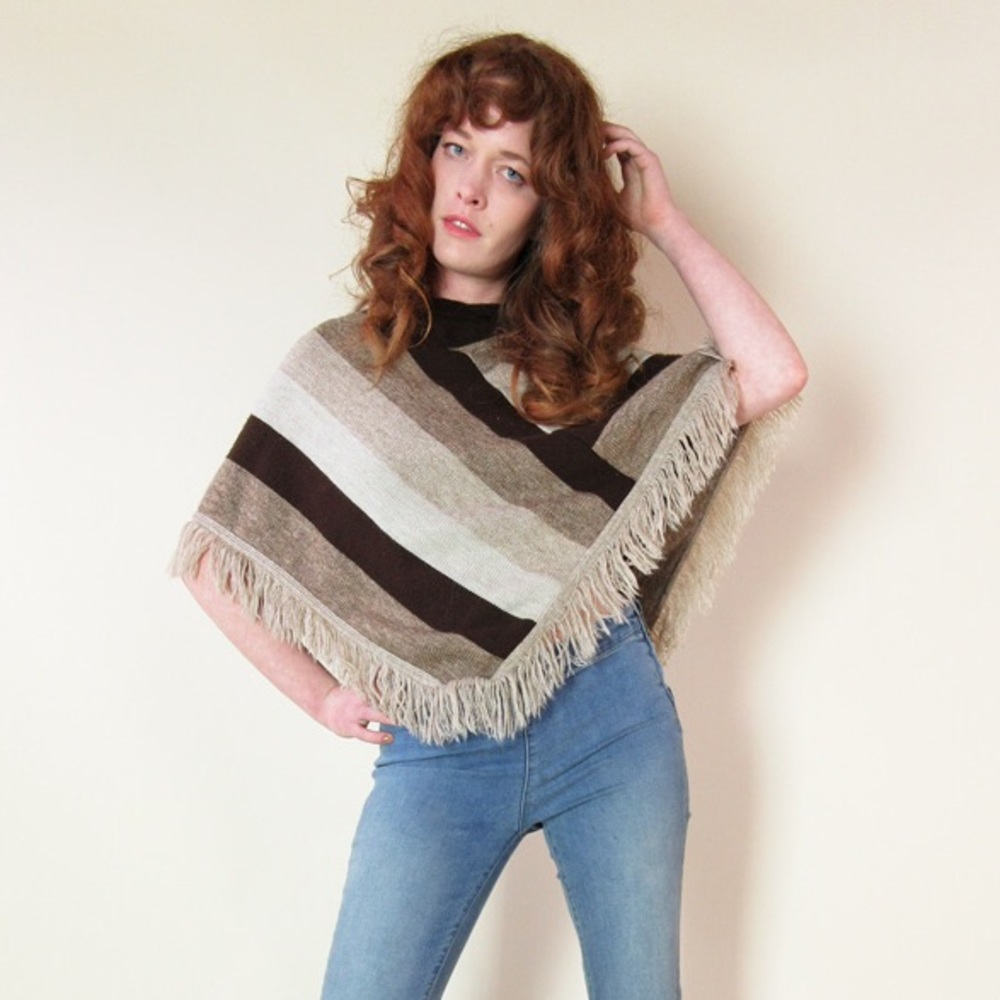 Vintage Fringe Striped Brown Poncho Shawl
